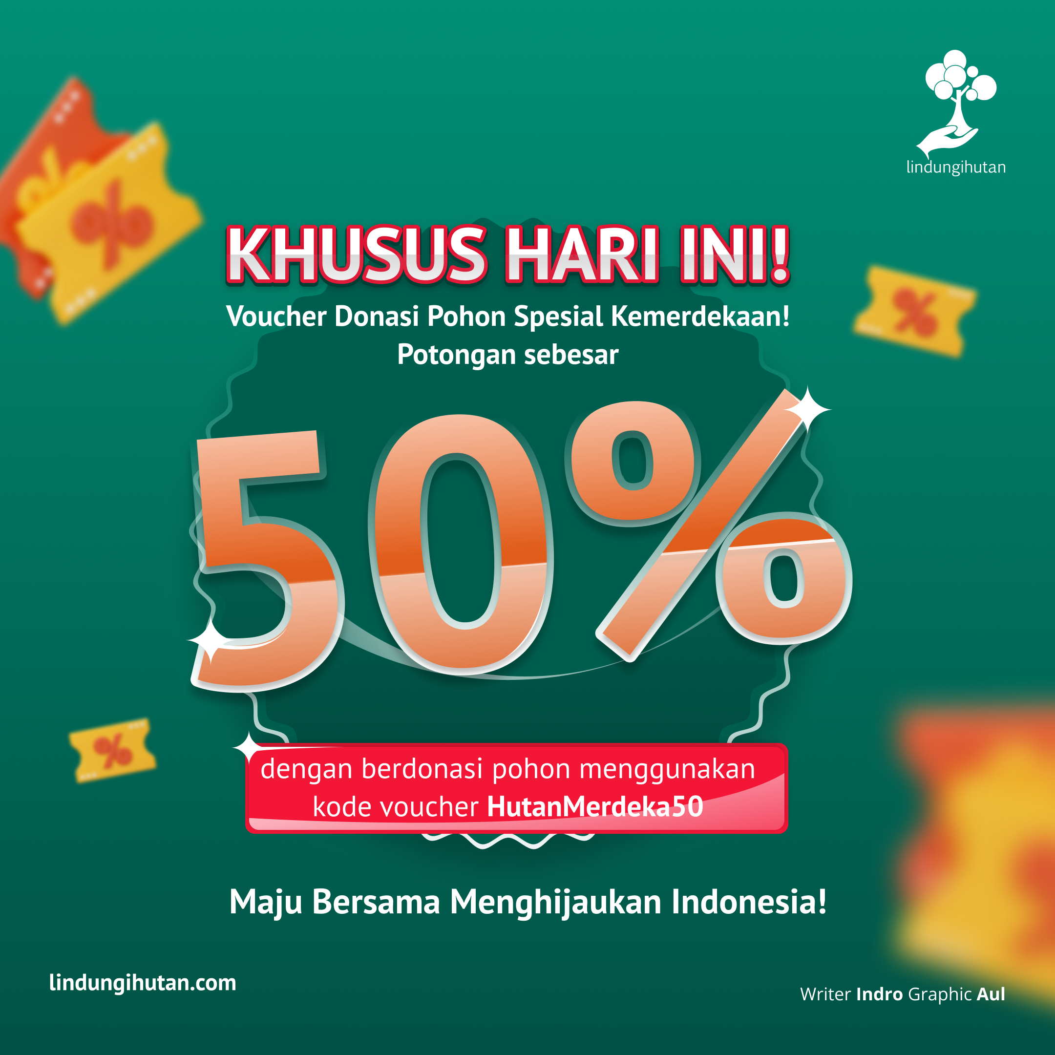 Contoh Voucher Discount 50% untuk donasi di Hari Kemerdekaan, 17 Agustus 2023.